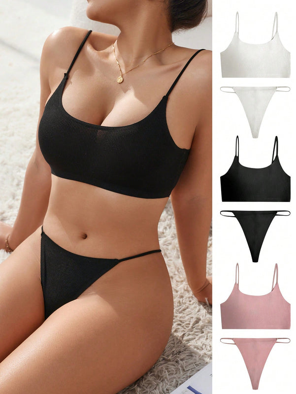 Conjunto De Ropa Interior De Punto Acanalado unicolor Para Mujer, Paquete De 3