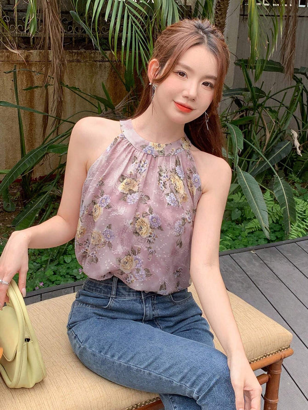 Camisa Para Mujer De Cuello Redondo Sin Mangas Con Tetura De Flor Y Corte Suelto