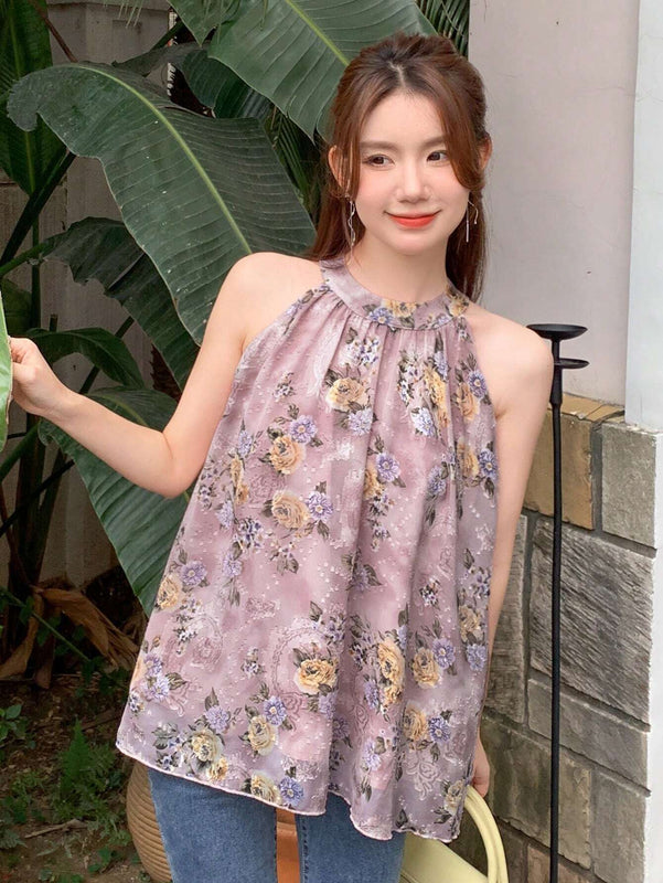 Camisa Para Mujer De Cuello Redondo Sin Mangas Con Tetura De Flor Y Corte Suelto