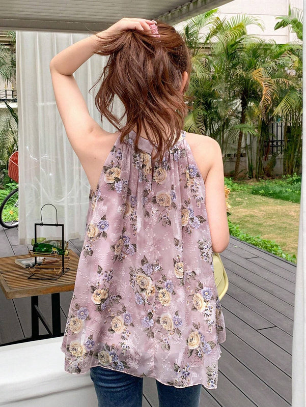 Camisa Para Mujer De Cuello Redondo Sin Mangas Con Tetura De Flor Y Corte Suelto