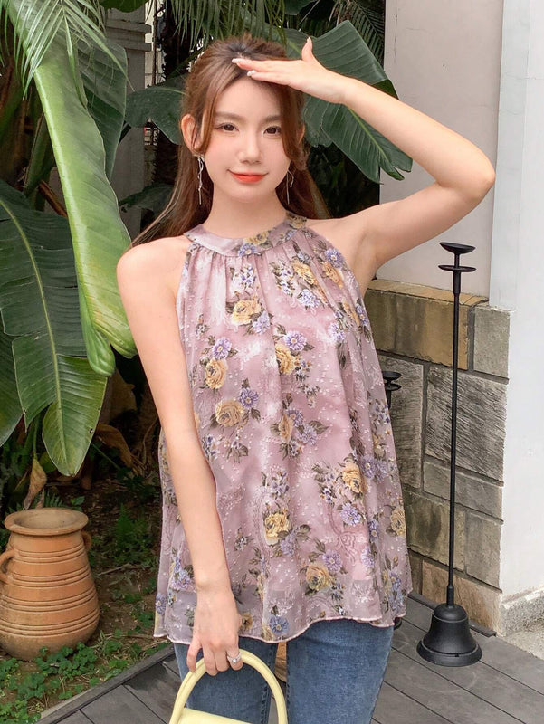 Camisa Para Mujer De Cuello Redondo Sin Mangas Con Tetura De Flor Y Corte Suelto