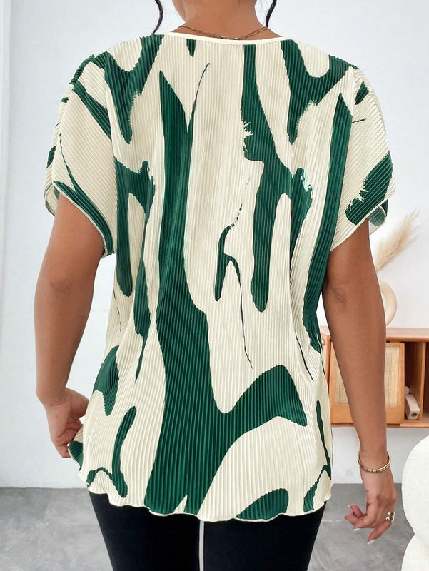 Blusa De Manga Murcielago Plisada Con Estampado Geometrico Para Mujer