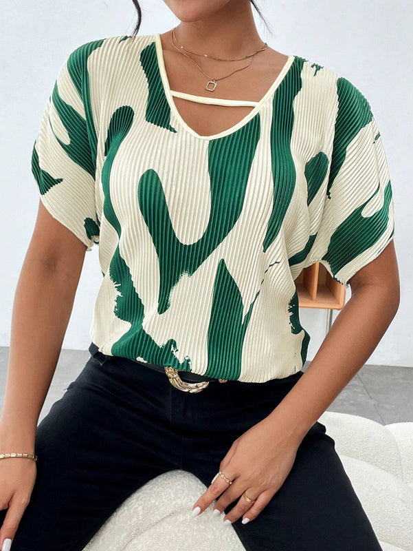 Blusa De Manga Murcielago Plisada Con Estampado Geometrico Para Mujer