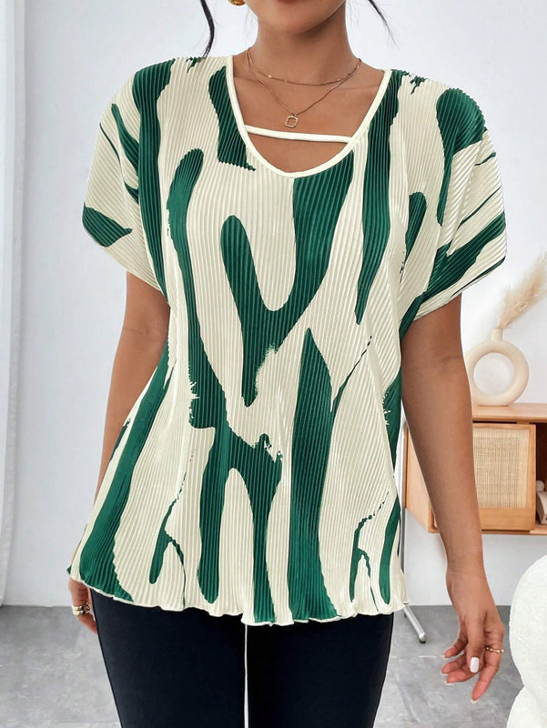 Blusa De Manga Murcielago Plisada Con Estampado Geometrico Para Mujer
