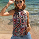 VCAY Camisa De Cuello Halter Estilo Vacaciones Vintage Con Diseno Impreso, Cuello De Pie
