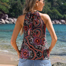 VCAY Camisa De Cuello Halter Estilo Vacaciones Vintage Con Diseno Impreso, Cuello De Pie