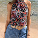VCAY Camisa De Cuello Halter Estilo Vacaciones Vintage Con Diseno Impreso, Cuello De Pie