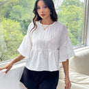 Essnce Blusa De Mujer De Cuello Redondo Con Dobladillo Con Volantes En Color Solido