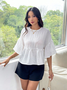 Essnce Blusa De Mujer De Cuello Redondo Con Dobladillo Con Volantes En Color Solido