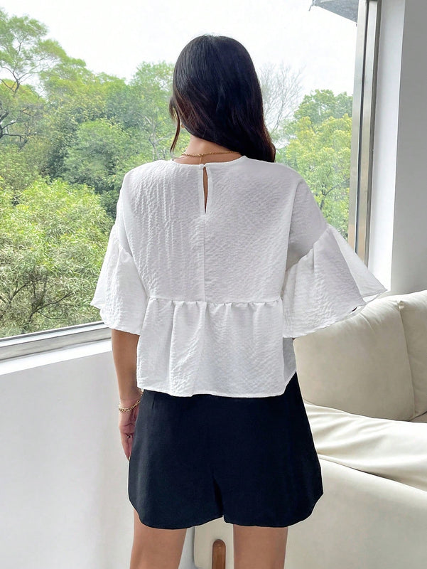 Essnce Blusa De Mujer De Cuello Redondo Con Dobladillo Con Volantes En Color Solido