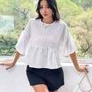 Essnce Blusa De Mujer De Cuello Redondo Con Dobladillo Con Volantes En Color Solido