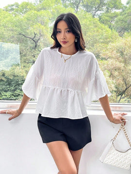 Essnce Blusa De Mujer De Cuello Redondo Con Dobladillo Con Volantes En Color Solido