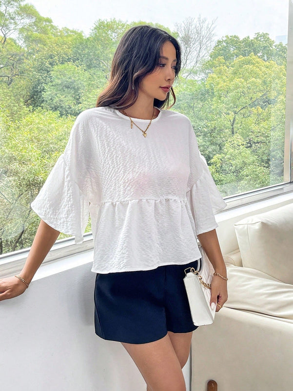 Essnce Blusa De Mujer De Cuello Redondo Con Dobladillo Con Volantes En Color Solido