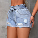 SXY Shorts De Mezclilla Ajustados Con Lavado De Agua Y Efecto Desgastado