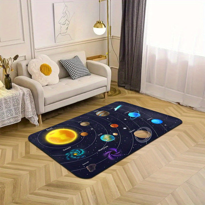 [1 alfombra con diseño de galaxia y sistema solar] 1 alfombra de franela con diseño de galaxia y sistema solar, esponja de 1 cm de grosor, poliéster lavable a máquina, alfombra educativa con temática del espacio exterior para sala de juegos, sala de esta