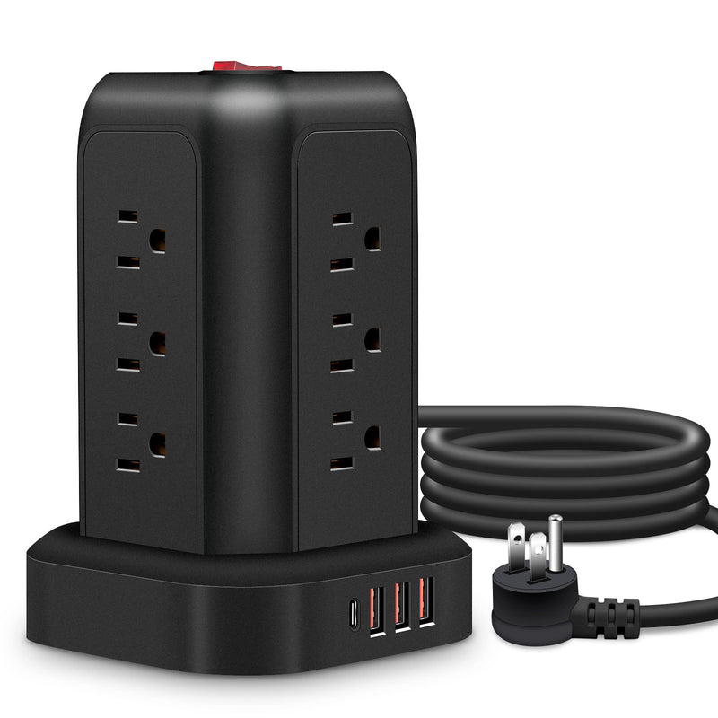 Una regleta de alimentación negra con protección contra sobretensiones, que incluye 12 tomas de CA, 3 puertos USB y 1 puerto tipo C, junto con un cable de extensión de 5 pies, adecuado para el hogar, la oficina, la cocina, el garaje y el dormitorio, maxi