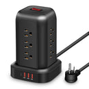 Una regleta de alimentación negra con protección contra sobretensiones, que incluye 12 tomas de CA, 3 puertos USB y 1 puerto tipo C, junto con un cable de extensión de 5 pies, adecuado para el hogar, la oficina, la cocina, el garaje y el dormitorio, maxi