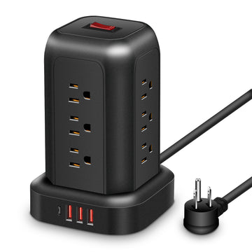 Una regleta de alimentación negra con protección contra sobretensiones, que incluye 12 tomas de CA, 3 puertos USB y 1 puerto tipo C, junto con un cable de extensión de 5 pies, adecuado para el hogar, la oficina, la cocina, el garaje y el dormitorio, maxi