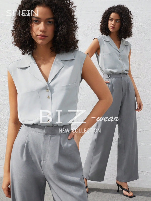 BIZwear Camisa Sin Mangas De Color Solido Para Mujer Con Cuello