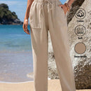 JORESS Pantalones Casuales Para Mujer De Cintura Atada, Ajuste Recto Y Elastico De , Fondo De Color Caqui Para El Verano
