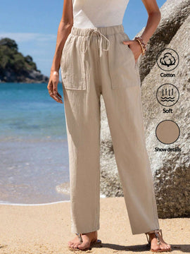 JORESS Pantalones Casuales Para Mujer De Cintura Atada, Ajuste Recto Y Elastico De , Fondo De Color Caqui Para El Verano