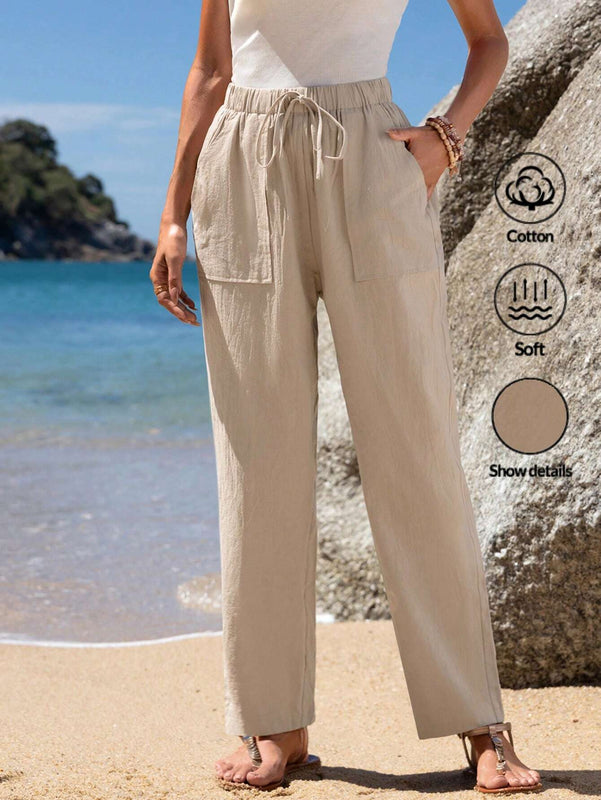 JORESS Pantalones Casuales Para Mujer De Cintura Atada, Ajuste Recto Y Elastico De , Fondo De Color Caqui Para El Verano