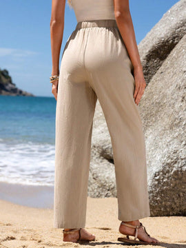 JORESS Pantalones Casuales Para Mujer De Cintura Atada, Ajuste Recto Y Elastico De , Fondo De Color Caqui Para El Verano