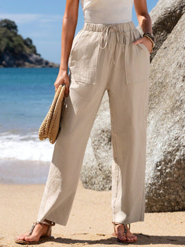 JORESS Pantalones Casuales Para Mujer De Cintura Atada, Ajuste Recto Y Elastico De , Fondo De Color Caqui Para El Verano