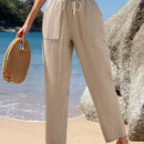 JORESS Pantalones Casuales Para Mujer De Cintura Atada, Ajuste Recto Y Elastico De , Fondo De Color Caqui Para El Verano