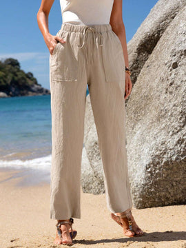 JORESS Pantalones Casuales Para Mujer De Cintura Atada, Ajuste Recto Y Elastico De , Fondo De Color Caqui Para El Verano
