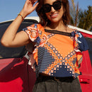 VCAY Camisa De Manga Acampanada Con Estampado Geometrico Suelta De Encaje Adornado Con Estampado Y Borde De Encaje