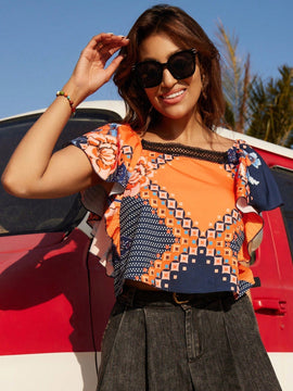 VCAY Camisa De Manga Acampanada Con Estampado Geometrico Suelta De Encaje Adornado Con Estampado Y Borde De Encaje