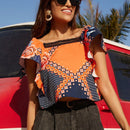 VCAY Camisa De Manga Acampanada Con Estampado Geometrico Suelta De Encaje Adornado Con Estampado Y Borde De Encaje