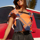 VCAY Camisa De Manga Acampanada Con Estampado Geometrico Suelta De Encaje Adornado Con Estampado Y Borde De Encaje