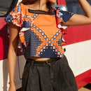 VCAY Camisa De Manga Acampanada Con Estampado Geometrico Suelta De Encaje Adornado Con Estampado Y Borde De Encaje