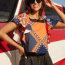 VCAY Camisa De Manga Acampanada Con Estampado Geometrico Suelta De Encaje Adornado Con Estampado Y Borde De Encaje