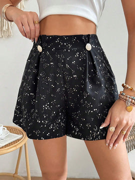 VCAY Pantalones Cortos Holgados Con Pliegues De Cintura Alta Y Estampado De Lunares Para Mujer