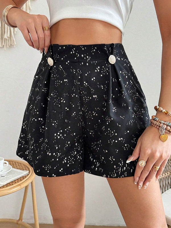 VCAY Pantalones Cortos Holgados Con Pliegues De Cintura Alta Y Estampado De Lunares Para Mujer