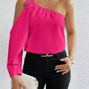 Blusa Solida De Manga Acampanada De Un Solo Hombro Con Apliques De Encaje Guipur