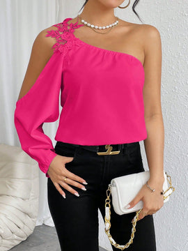 Prive Blusa Solida De Manga Acampanada De Un Solo Hombro Con Apliques De Encaje Guipur