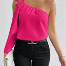 Prive Blusa Solida De Manga Acampanada De Un Solo Hombro Con Apliques De Encaje Guipur