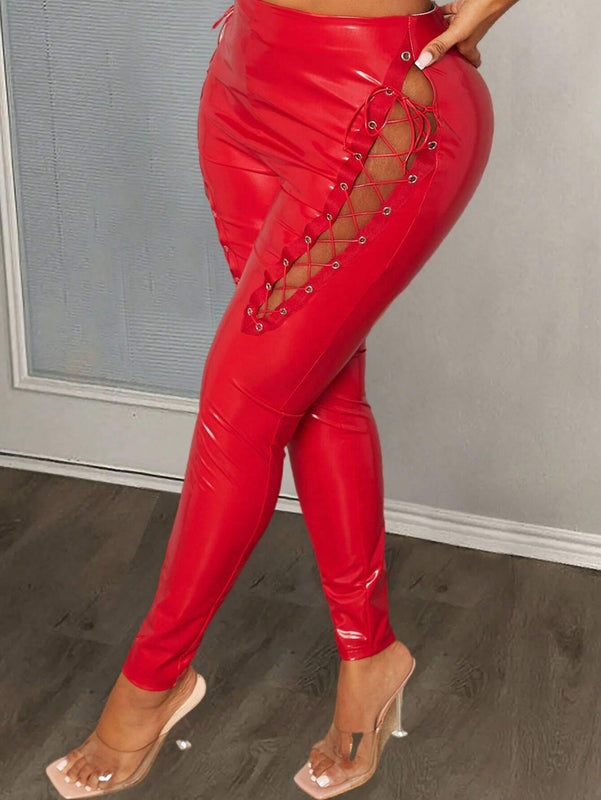 Slayr Sexy San Valentin Rojo PU Leggings Altos Hasta El Muslo Con Cortes Y Encaje En Los Costados