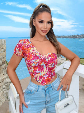 SXY Camisa De Mujer Con Cuello Asimetrico Y Patron Floral