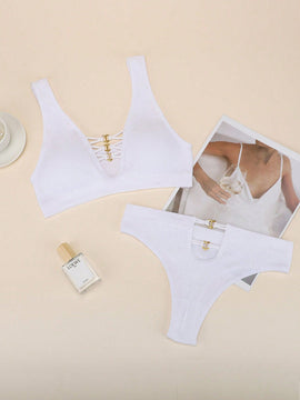 Conjunto De Bralette Acanalado Con Tiras Entrecruzadas Para Mujer