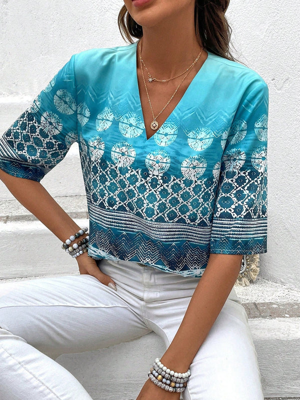 EMERY ROSE Blusa Para Mujer Con Estampado Y Cuello En V
