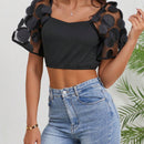 Prive Camiseta Corta De Manga Corta Para Mujeres Con Adornos De Flores En 3d Y Tejido De Malla
