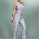 BAE Detalles De Bolsillo De Carga Metalica Suelto Mujeres' Pantalones Jeans De Pierna Ancha Para Fiestas Y Eventos De Primavera, Conjuntos De Ropa De Festival, Ropa Inferior De Verano, Overoles De Mezclilla, Trajes Para Conciertos Y Festivales De Musica.