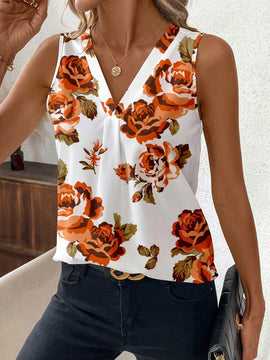 Blusa de mujer sin mangas y ajustada con diseno floral naranja y cuello en V, base blanca