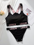 Conjunto De Sujetador Y Braguita Inalambricos Para Mujeres Con Impresion De Letra Y Corazon, Estilo Deportivo Casual Y Comodo