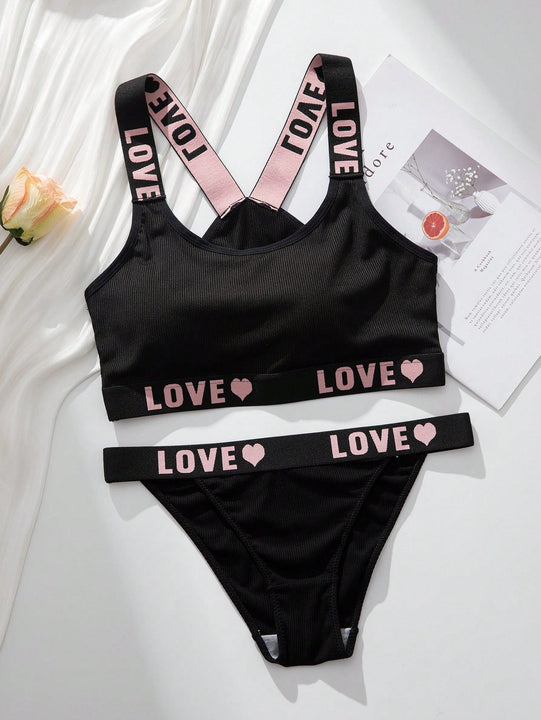 Conjunto De Sujetador Y Braguita Inalambricos Para Mujeres Con Impresion De Letra Y Corazon, Estilo Deportivo Casual Y Comodo